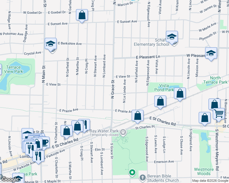 map of restaurants, bars, coffee shops, grocery stores, and more near 301 North Grace Street in Lombard