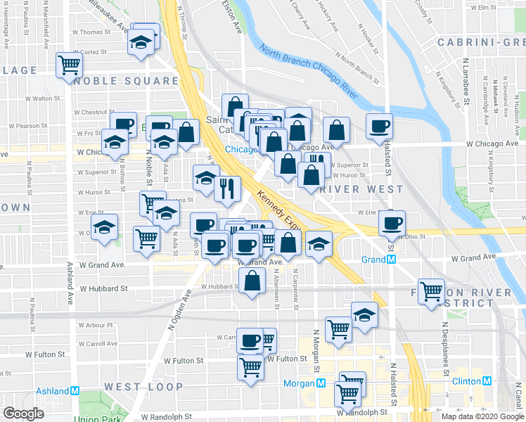 map of restaurants, bars, coffee shops, grocery stores, and more near 1120 West Erie Street in Chicago