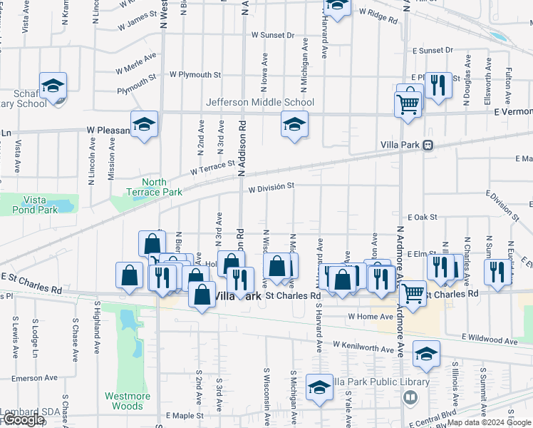 map of restaurants, bars, coffee shops, grocery stores, and more near 225 North Wisconsin Avenue in Villa Park