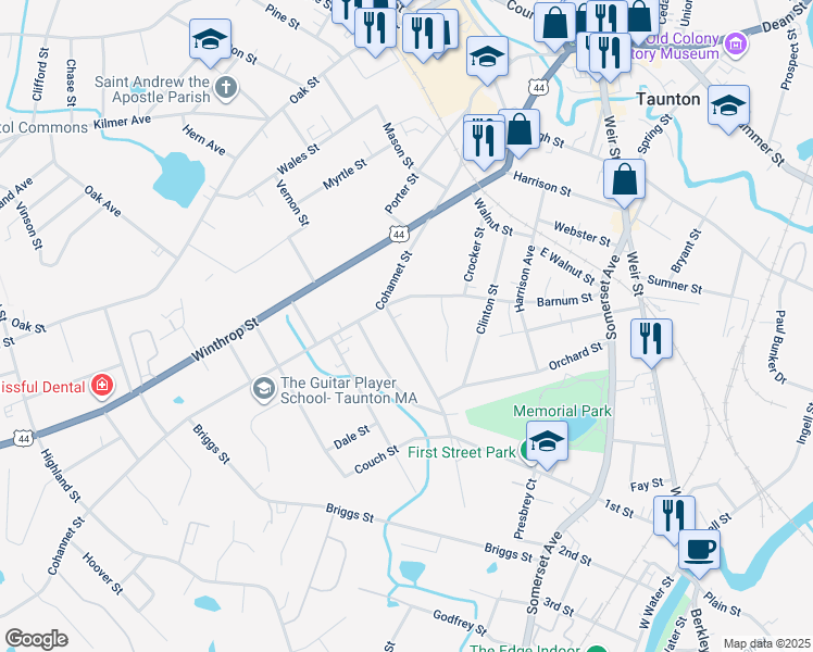 map of restaurants, bars, coffee shops, grocery stores, and more near 10 West Weir Street in Taunton