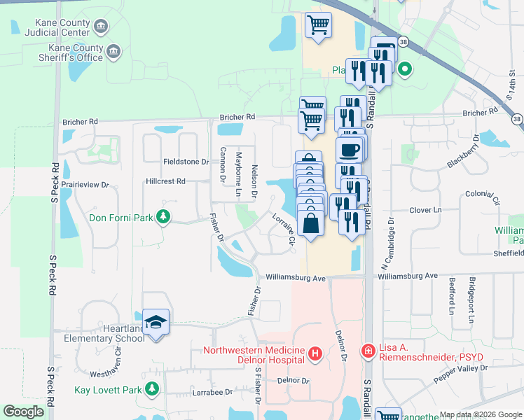 map of restaurants, bars, coffee shops, grocery stores, and more near 294 Larsdotter Lane in Geneva