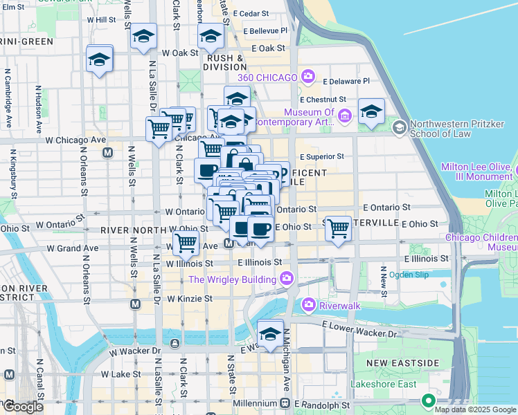 map of restaurants, bars, coffee shops, grocery stores, and more near 44 East Ontario Street in Chicago