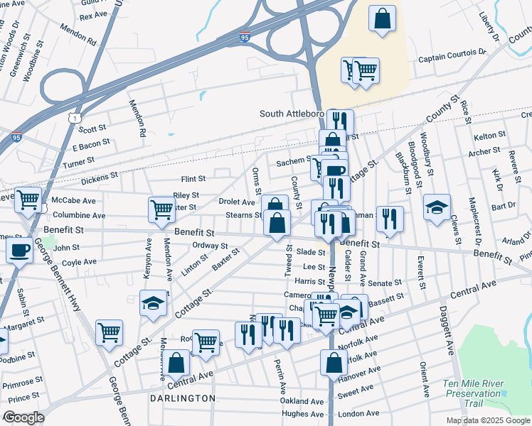 map of restaurants, bars, coffee shops, grocery stores, and more near 102 Stearns Street in Pawtucket