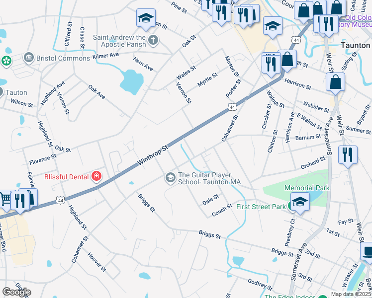 map of restaurants, bars, coffee shops, grocery stores, and more near 7 Brook Street in Taunton