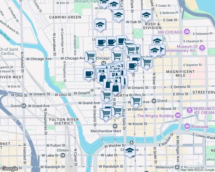 map of restaurants, bars, coffee shops, grocery stores, and more near 634 North Wells Street in Chicago