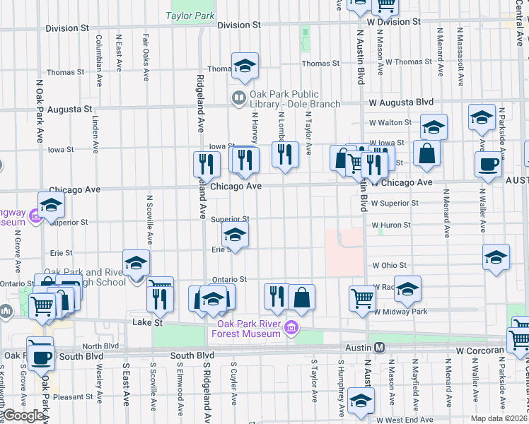 map of restaurants, bars, coffee shops, grocery stores, and more near in Oak Park