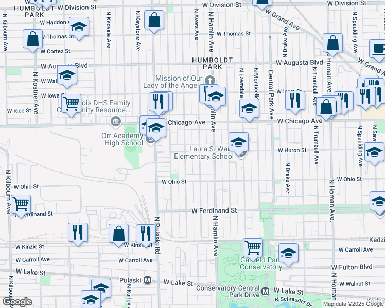 map of restaurants, bars, coffee shops, grocery stores, and more near 3847 West Huron Street in Chicago