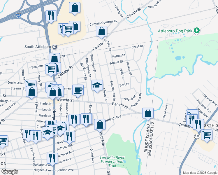 map of restaurants, bars, coffee shops, grocery stores, and more near 14 Don Court in Pawtucket