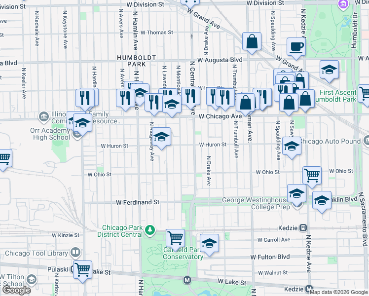map of restaurants, bars, coffee shops, grocery stores, and more near 657 North Monticello Avenue in Chicago