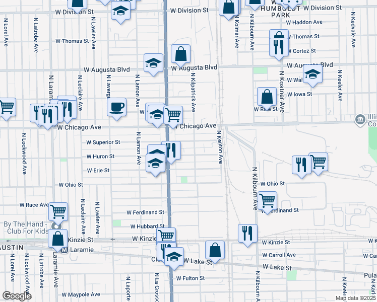 map of restaurants, bars, coffee shops, grocery stores, and more near 4712 West Huron Street in Chicago