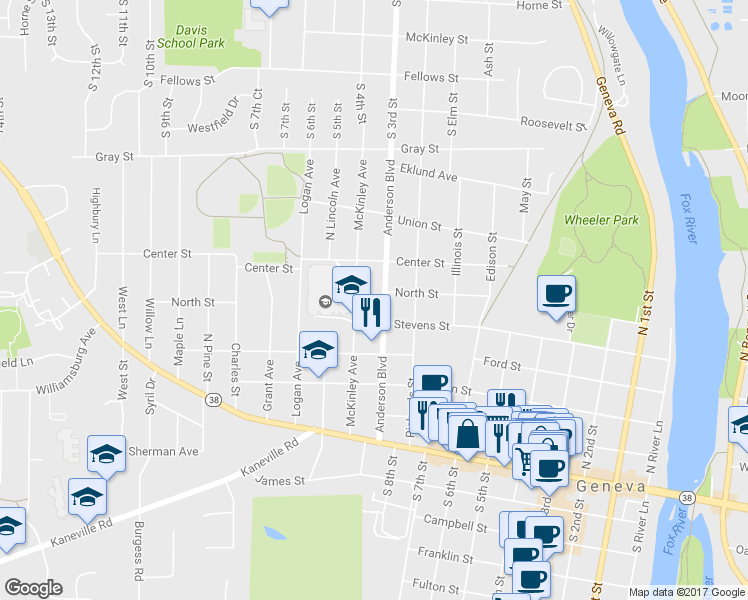 map of restaurants, bars, coffee shops, grocery stores, and more near 422 Anderson Boulevard in Geneva