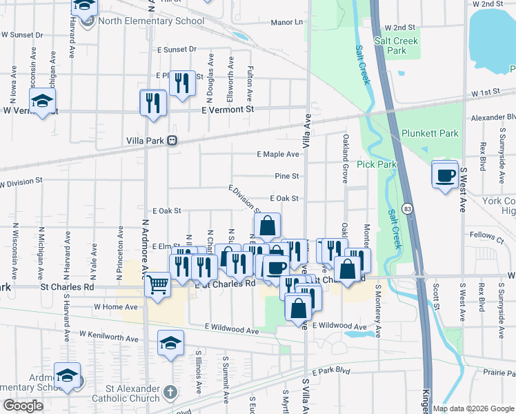 map of restaurants, bars, coffee shops, grocery stores, and more near 240 East Division Street in Villa Park