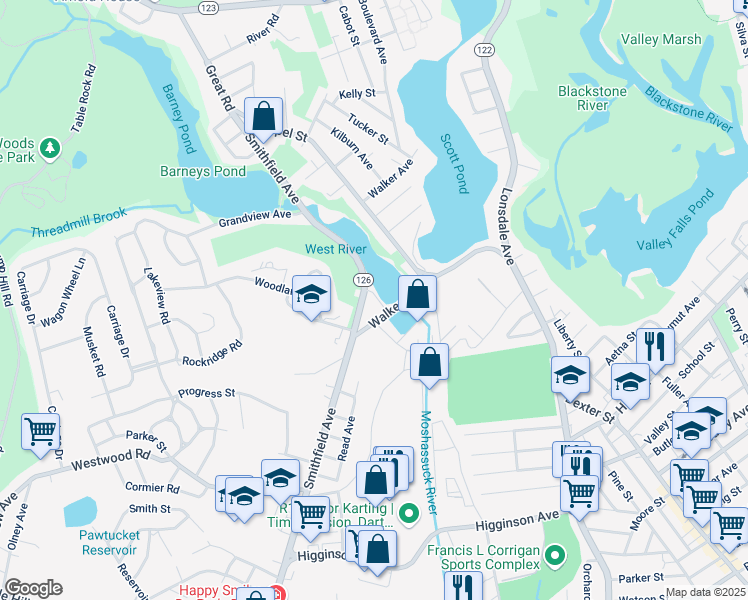 map of restaurants, bars, coffee shops, grocery stores, and more near 9 Pond Avenue in Lincoln