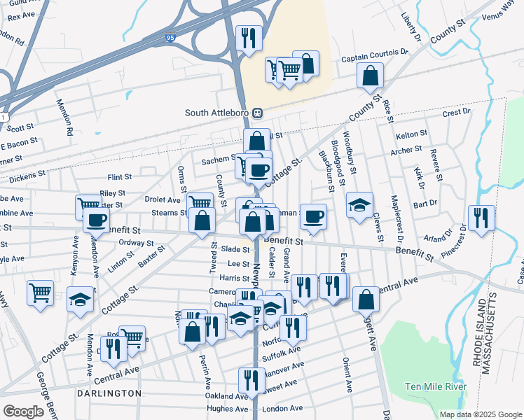 map of restaurants, bars, coffee shops, grocery stores, and more near 1479 Newport Avenue in Pawtucket