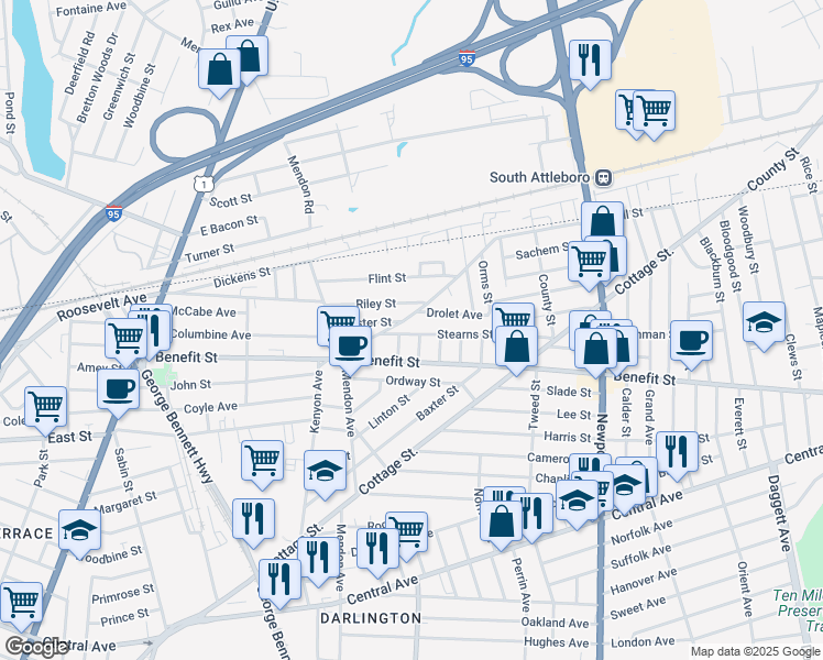 map of restaurants, bars, coffee shops, grocery stores, and more near 30 Stearns Street in Pawtucket
