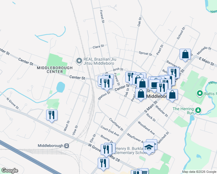 map of restaurants, bars, coffee shops, grocery stores, and more near 457 Center Street in Middleborough