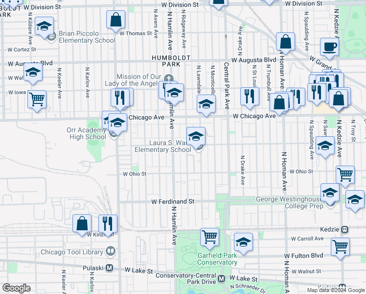 map of restaurants, bars, coffee shops, grocery stores, and more near 3737 West Huron Street in Chicago