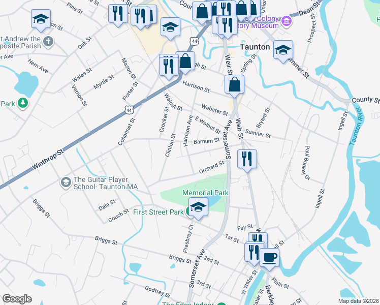 map of restaurants, bars, coffee shops, grocery stores, and more near 53 Harrison Avenue in Taunton