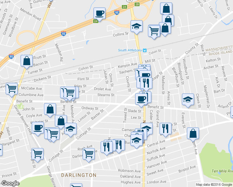 map of restaurants, bars, coffee shops, grocery stores, and more near 110 Stearns St in Pawtucket