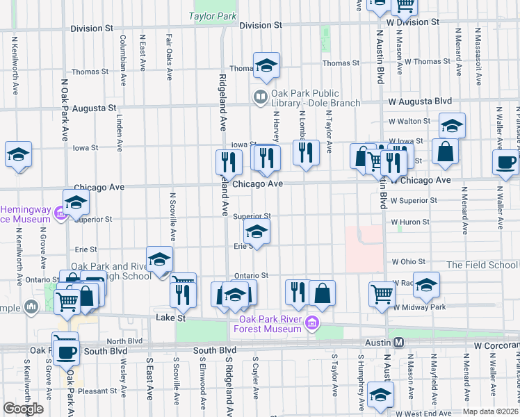 map of restaurants, bars, coffee shops, grocery stores, and more near 406 North Cuyler Avenue in Oak Park