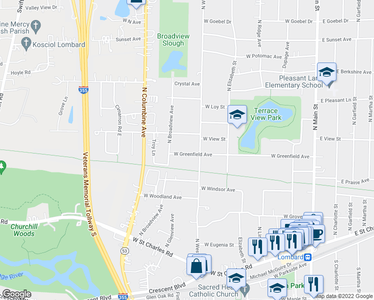 map of restaurants, bars, coffee shops, grocery stores, and more near 420 West Greenfield Avenue in Lombard
