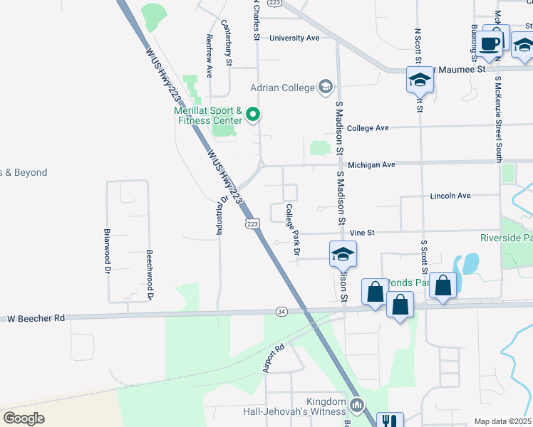 map of restaurants, bars, coffee shops, grocery stores, and more near 424 Feeman Court in Adrian