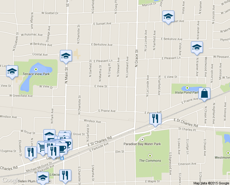 map of restaurants, bars, coffee shops, grocery stores, and more near 254 North Stewart Avenue in Lombard