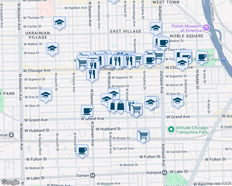 map of restaurants, bars, coffee shops, grocery stores, and more near 1836 West Erie Street in Chicago