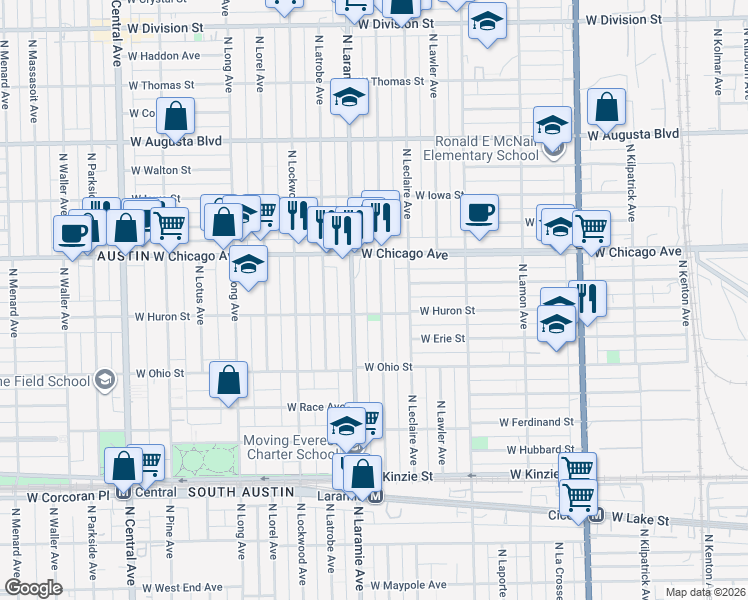 map of restaurants, bars, coffee shops, grocery stores, and more near 712 North Leamington Avenue in Chicago