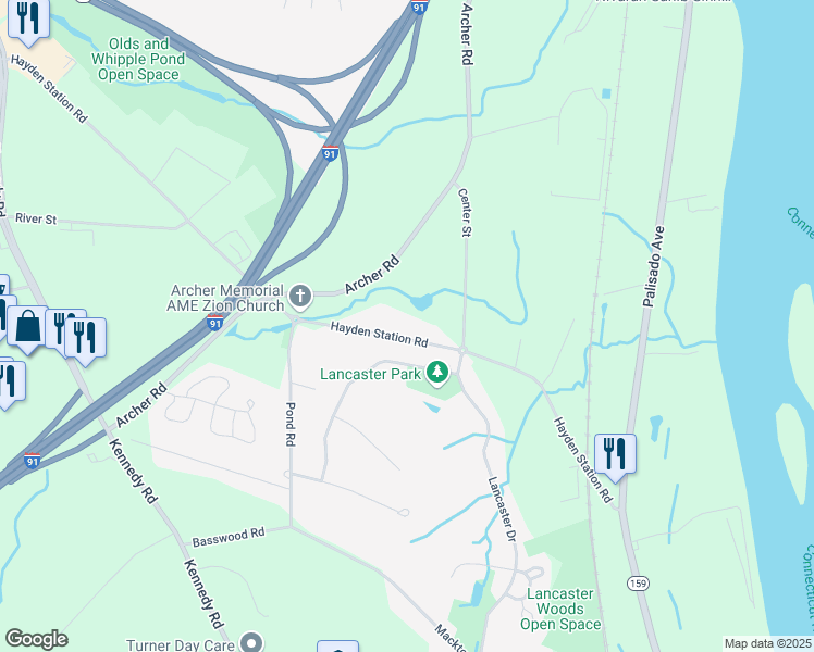map of restaurants, bars, coffee shops, grocery stores, and more near 230 Hayden Station Road in Windsor