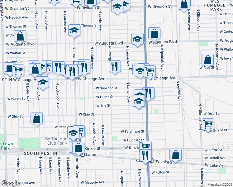 map of restaurants, bars, coffee shops, grocery stores, and more near 4940 West Huron Street in Chicago