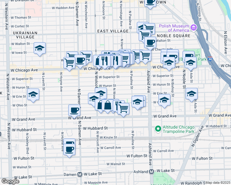 map of restaurants, bars, coffee shops, grocery stores, and more near 1758 West Erie Street in Chicago