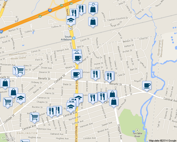 map of restaurants, bars, coffee shops, grocery stores, and more near 60 Cushman St in Pawtucket