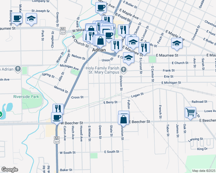 map of restaurants, bars, coffee shops, grocery stores, and more near 510 State Street in Adrian