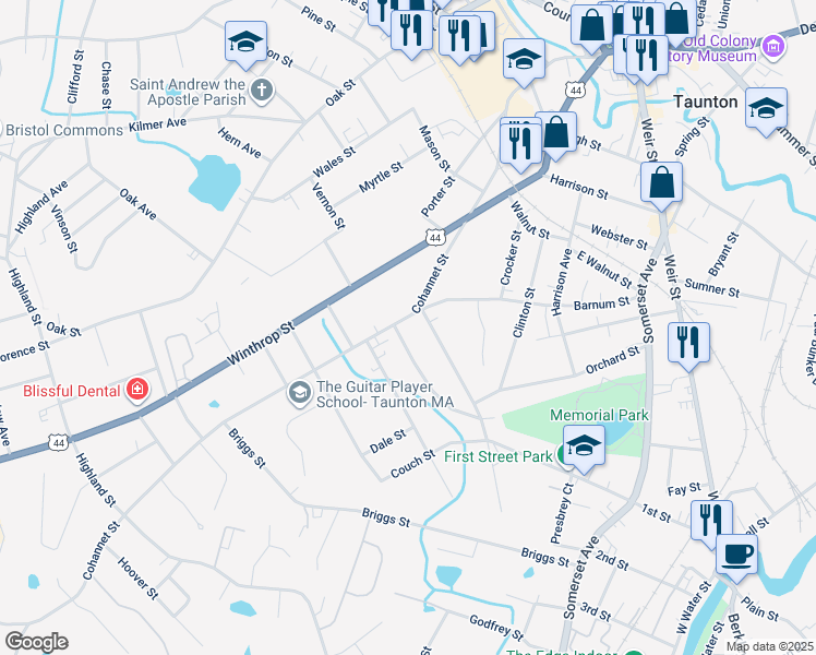 map of restaurants, bars, coffee shops, grocery stores, and more near 390 Cohannet Street in Taunton