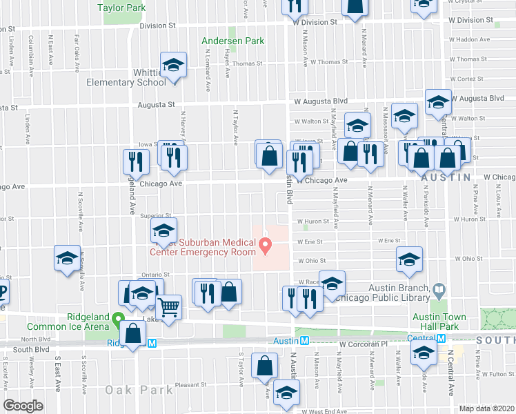 map of restaurants, bars, coffee shops, grocery stores, and more near 405 North Humphrey Avenue in Oak Park
