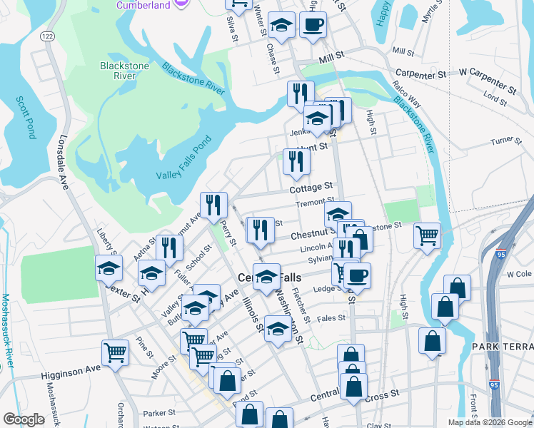 map of restaurants, bars, coffee shops, grocery stores, and more near 140 Tremont Street in Central Falls