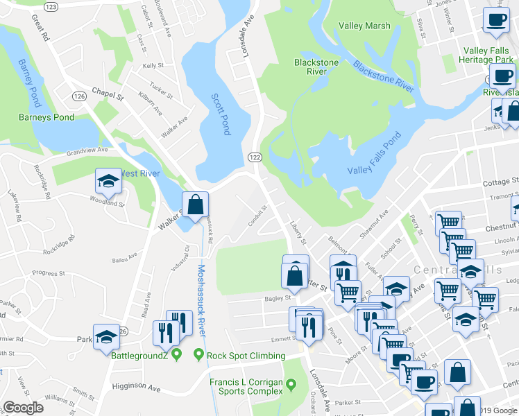 map of restaurants, bars, coffee shops, grocery stores, and more near 14 Conduit Street in Central Falls