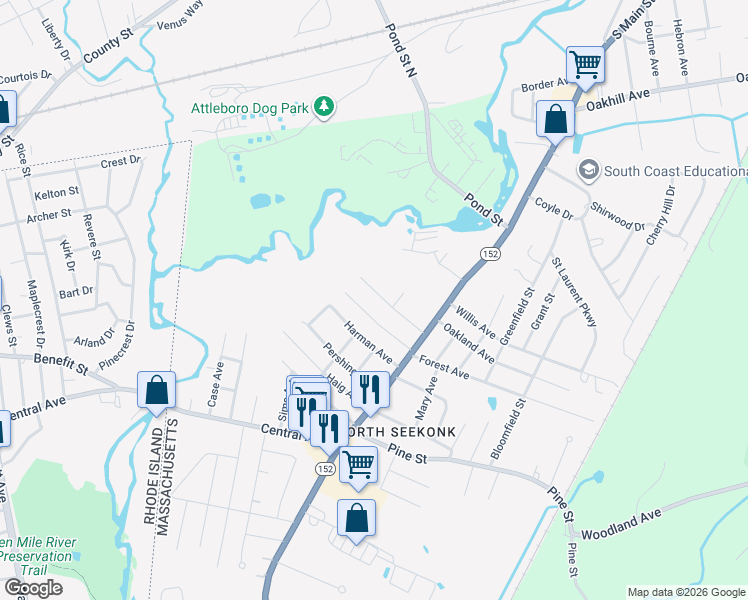 map of restaurants, bars, coffee shops, grocery stores, and more near 50 Maynard Ave in Seekonk