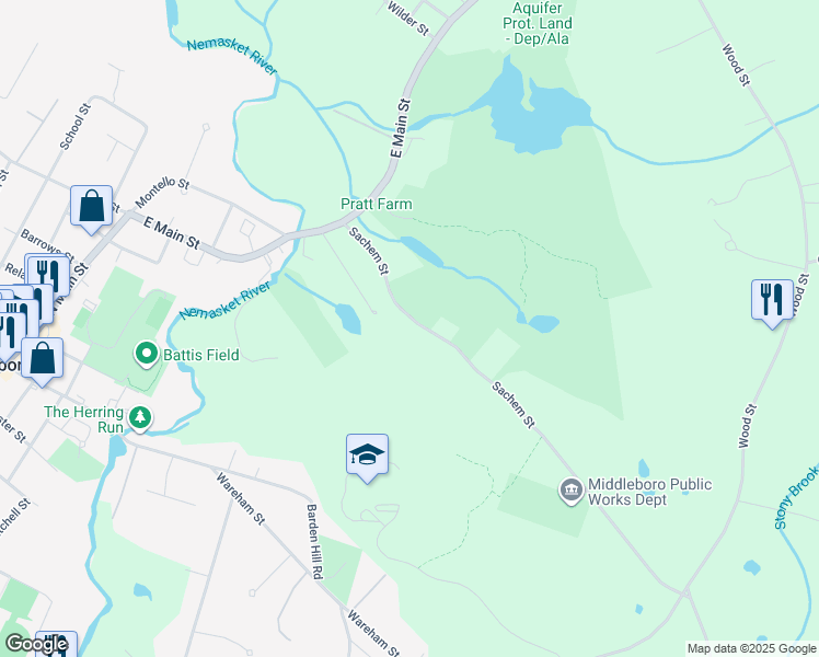 map of restaurants, bars, coffee shops, grocery stores, and more near 21 Sachem Street in Middleborough