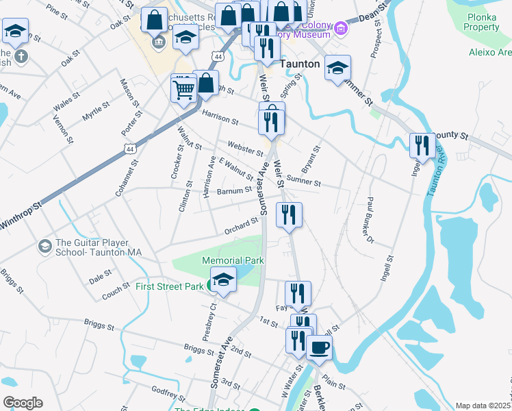 map of restaurants, bars, coffee shops, grocery stores, and more near 101 Somerset Avenue in Taunton