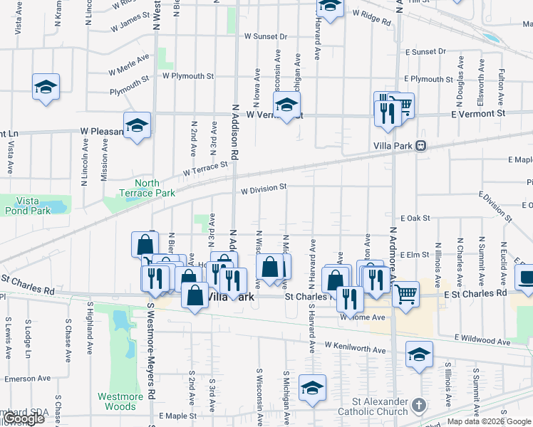 map of restaurants, bars, coffee shops, grocery stores, and more near 225 North Wisconsin Avenue in Villa Park