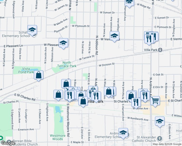 map of restaurants, bars, coffee shops, grocery stores, and more near 225 North 3rd Avenue in Villa Park