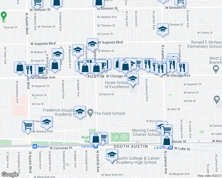 map of restaurants, bars, coffee shops, grocery stores, and more near 715 North Pine Avenue in Chicago