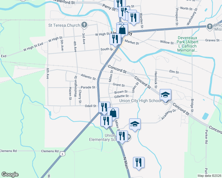 map of restaurants, bars, coffee shops, grocery stores, and more near 16 Grant St in Union City