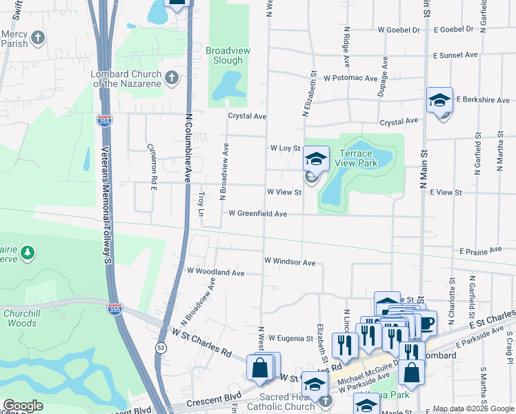 map of restaurants, bars, coffee shops, grocery stores, and more near 420 West Greenfield Avenue in Lombard