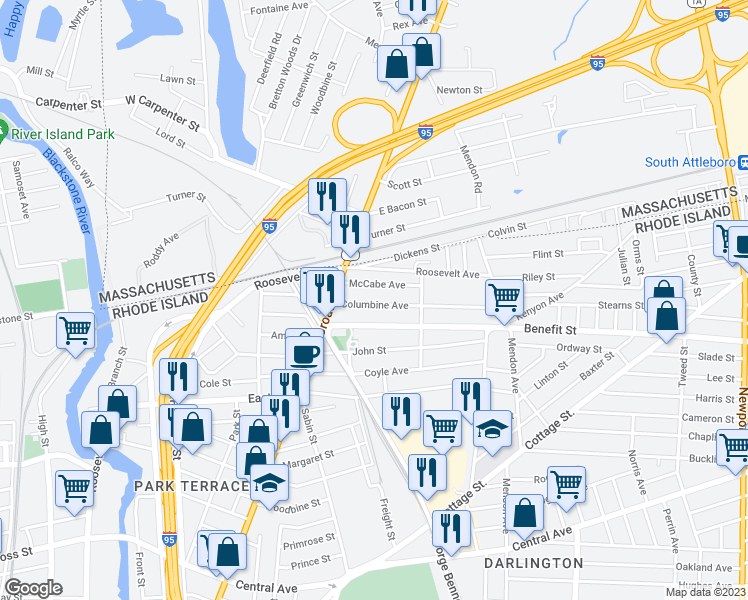 map of restaurants, bars, coffee shops, grocery stores, and more near 44 Columbine Avenue in Pawtucket