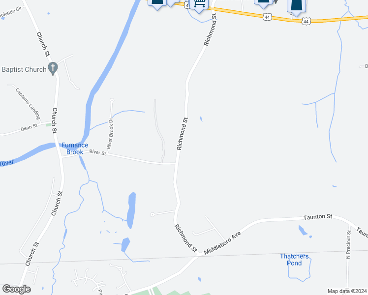 map of restaurants, bars, coffee shops, grocery stores, and more near 275 Richmond Street in Taunton