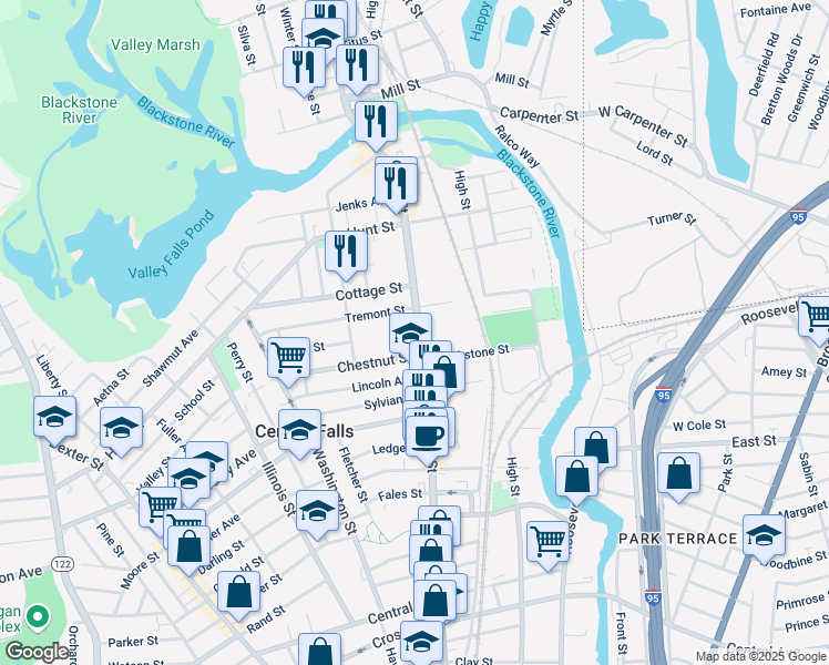 map of restaurants, bars, coffee shops, grocery stores, and more near in Central Falls