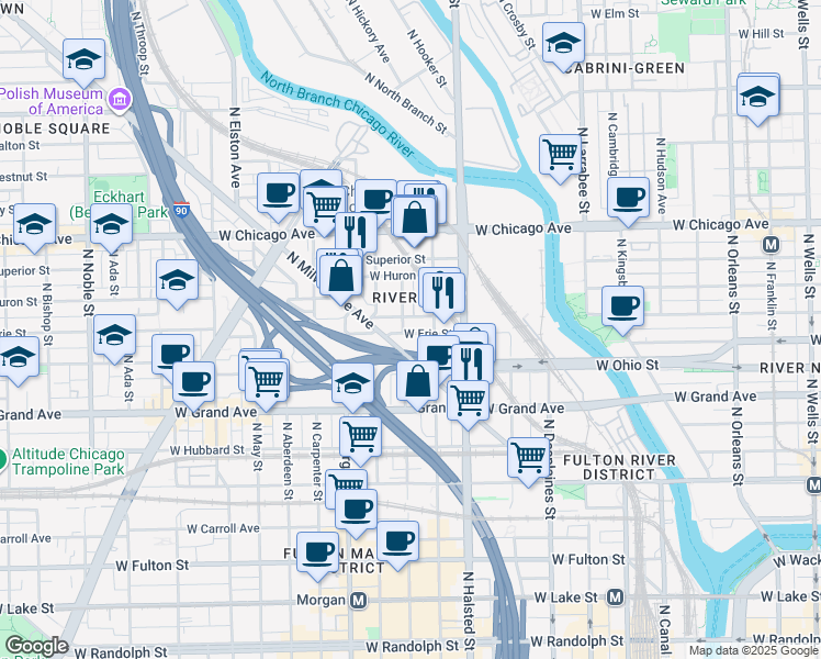 map of restaurants, bars, coffee shops, grocery stores, and more near 848 West Erie Street in Chicago